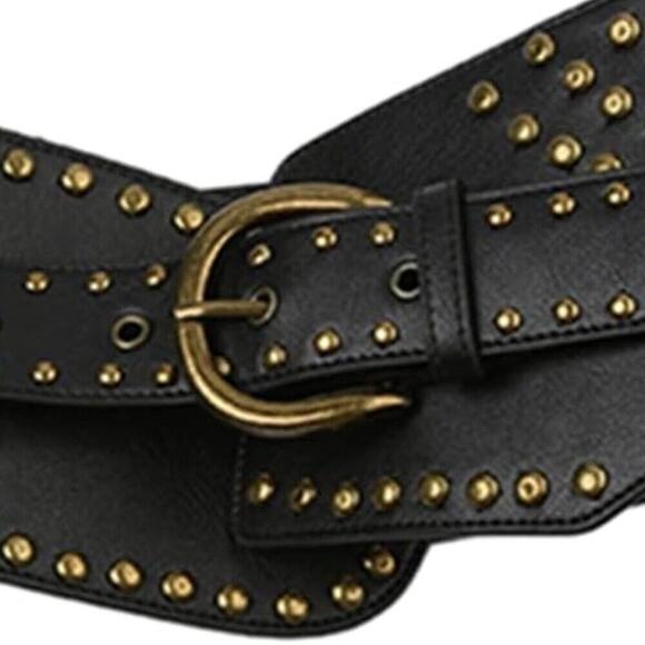 Black Wide Studded Leather Belt Waist Cinch Belt with Antique Gold Buckle - Picture 6 of 9